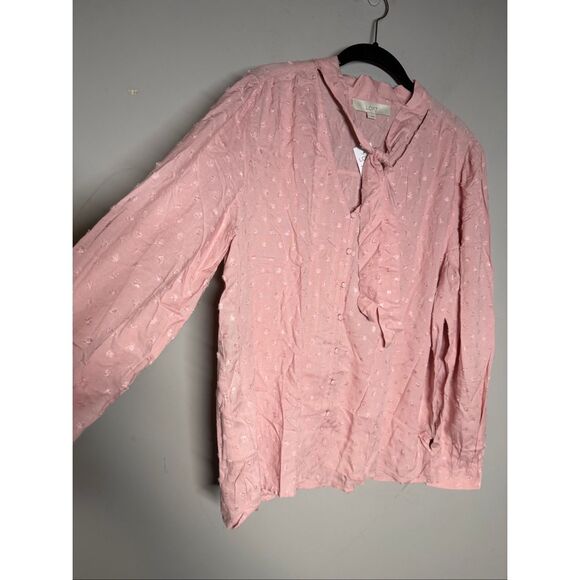 LOFT pusseybow neck line Swiss dot textured bundle of two blouses pink & maroon - Picture 13 of 14